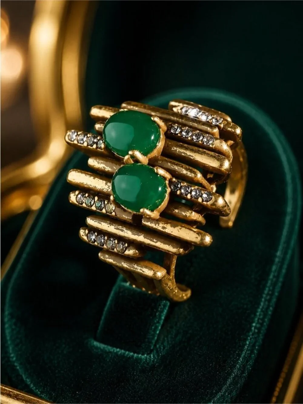 Vintage Gold-Tone Green Stone Statement Ring by